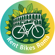 Logo Rent Bikes Roma: Colosseo, bici e foglie