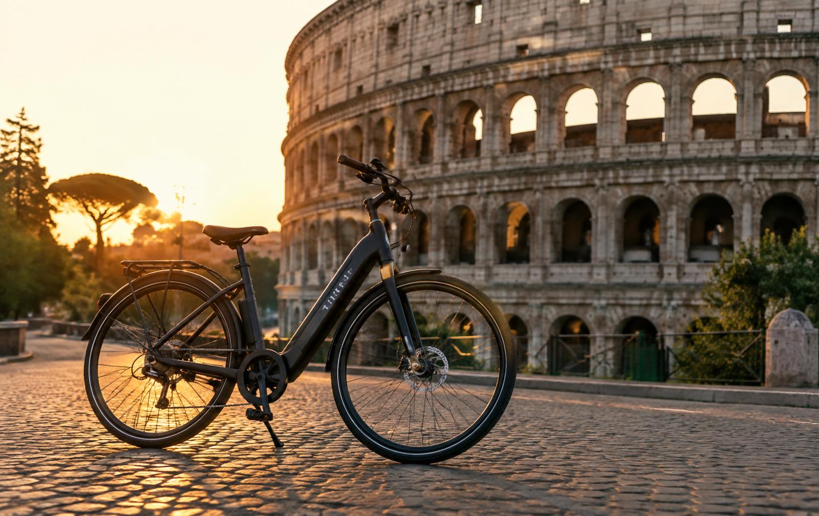 E-bike davanti al Colosseo al tramonto